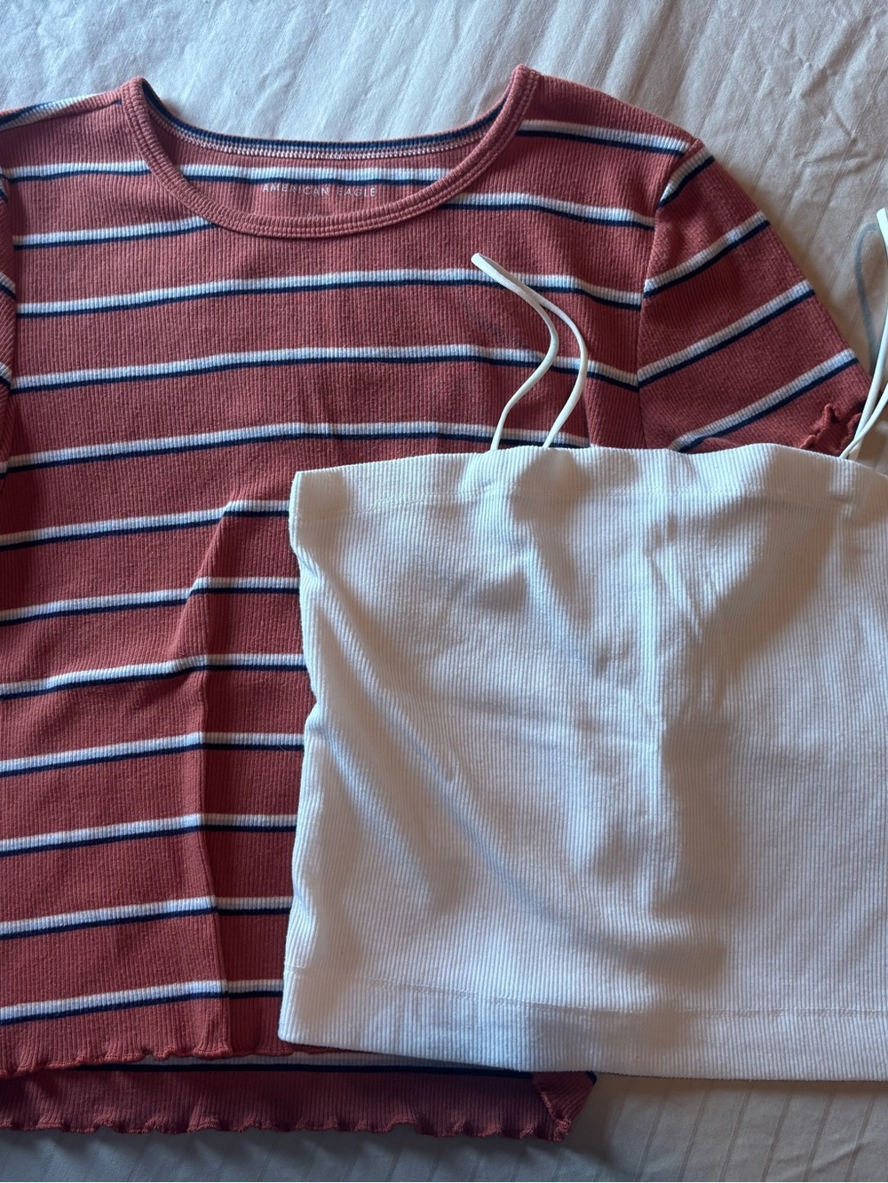 Striped Rust Pink Short-Sleeve Tee & White Ribbed Tank